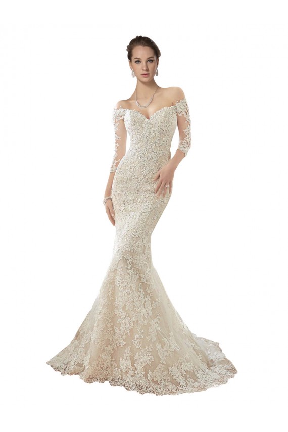 Chapel Train Ivory & Champagne Long Sleeves Mermaid Wedding Dress Leeds