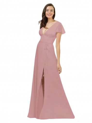Long Dusty Pink Flutter Sleeves A-Line V-Back Bridesmaid Dress / Evening Dress Leeds