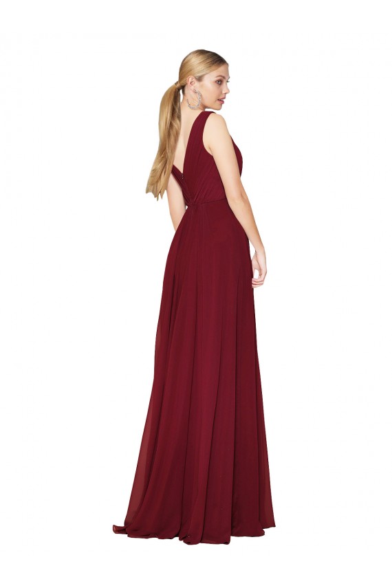 Long Burgundy Sleeveless A-Line V-Back Soft Chiffon Formal Dress / Bridesmaid Dress Leeds