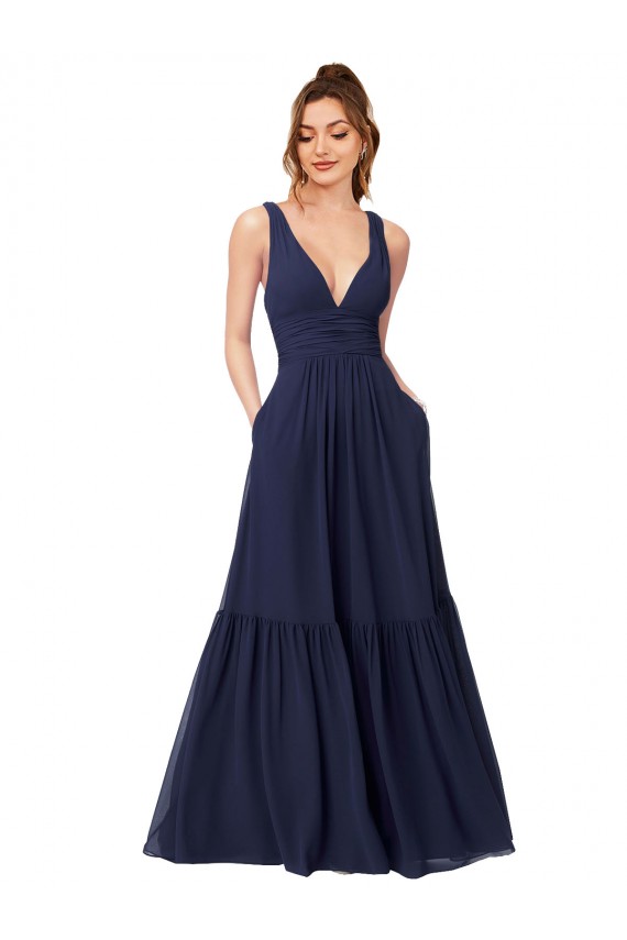 Long Full Length Dark Navy Sleeveless A-Line V-Back Formal Dress / Bridesmaid Dress Leeds
