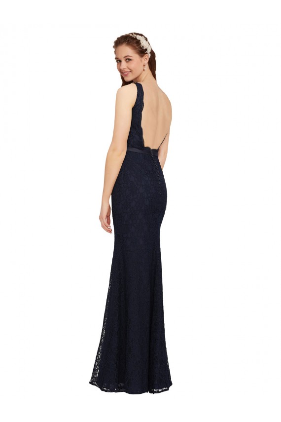 Long Dark Navy Sleeveless Sheath Open Back Bridesmaid Dress Leeds
