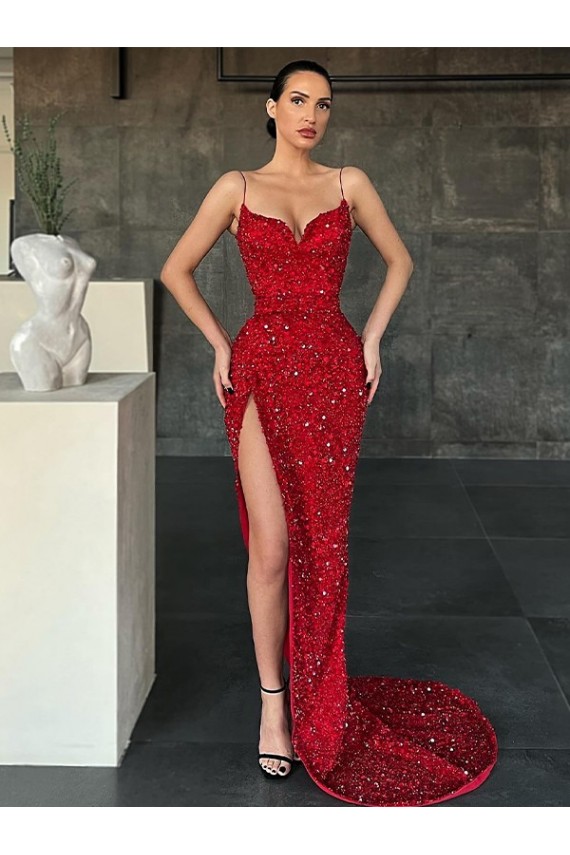 Sweep Train Red Sleeveless Sheath Velvet Sequin Prom Dress / Evening Dress Leeds