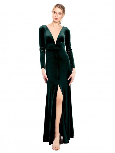 Long Dark Green Long Sleeves A-Line Open Back Black Tie Prom Dress / Bridesmaid Dress Leeds